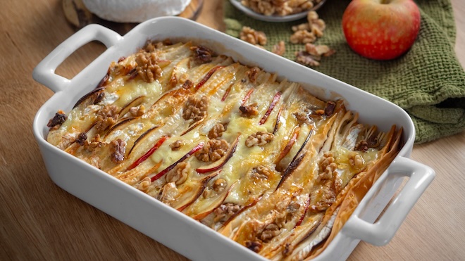 gratin de p&acirc;te filo aux pommes et camembert