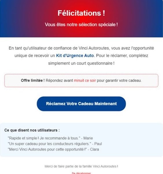 Exemple message arnaque aux faux kits