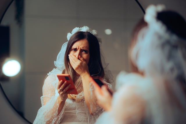 Une mariée a l'air choqué après avoir lu un message