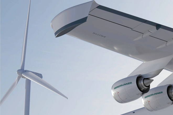 L'avion WindRunner et une éolienne