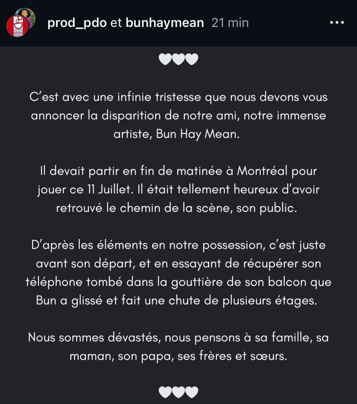 Un communiqué sur la mort de Bun Hay Mean