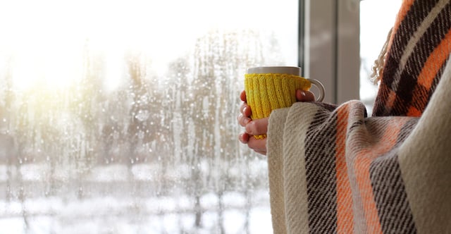 Une femme vêtue d'un plaid, serrant une tasse, devant un paysage hivernal