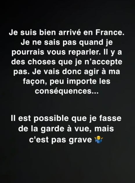 Capture d'écran d'un message de l'influenceur Jeremstar, publié sur Instagram