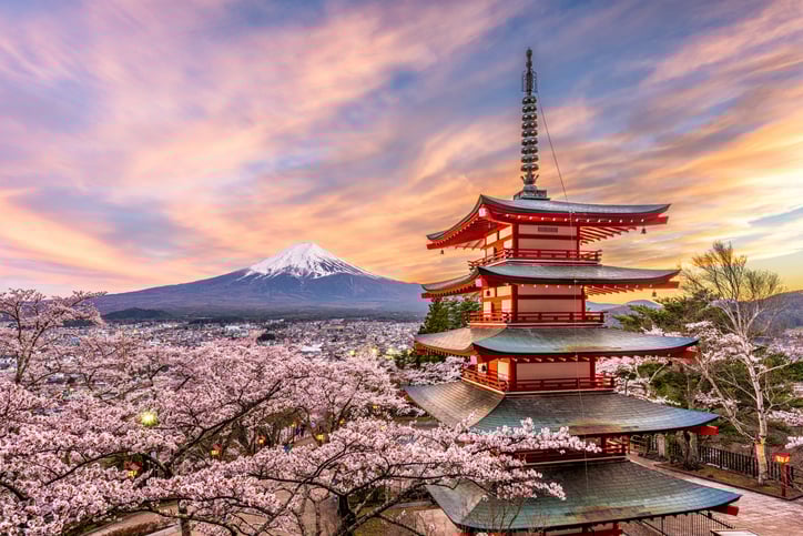 Un temple japonais devant le Mont Fuji