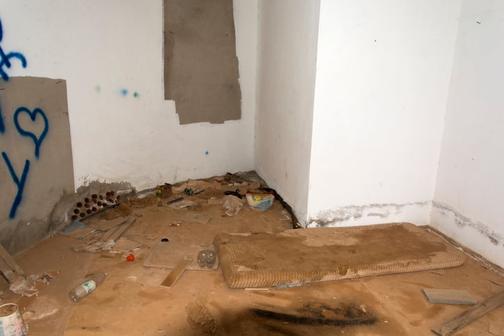 Int&eacute;rieur d&eacute;t&eacute;rior&eacute; d'une maison squatt&eacute;e