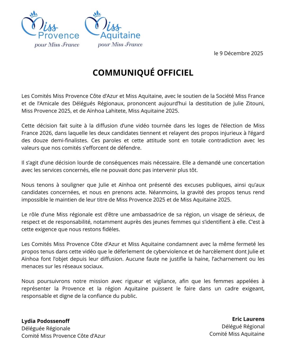 Le communiqué annonçant la destitution des Miss