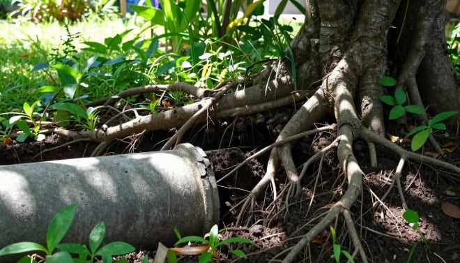 une canalisation bouch&eacute;e par les racines