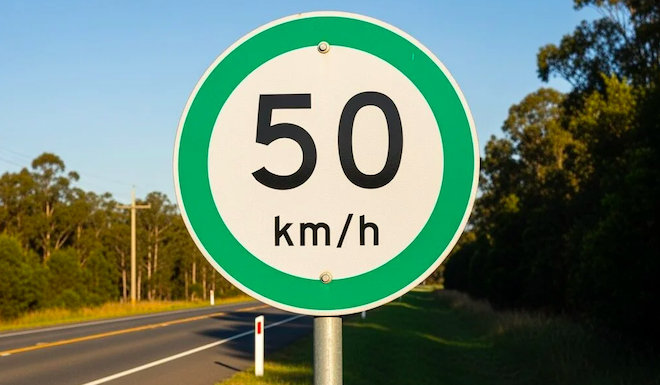 Un panneau de limitation de vitesse vert