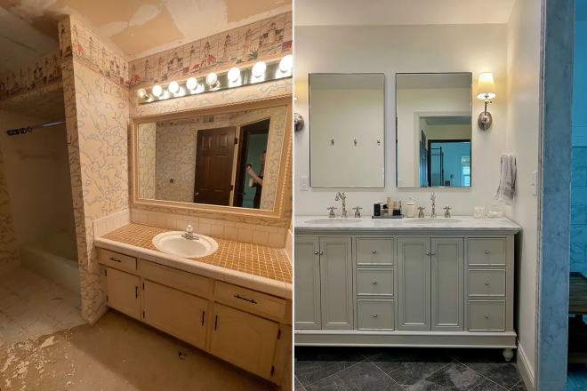 La salle de bain avant et apr&egrave;s les travaux