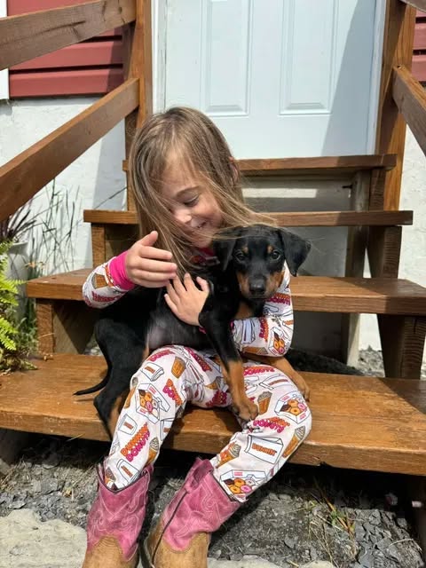 La chienne Keira dans les bras de sa jeune ma&icirc;tresse