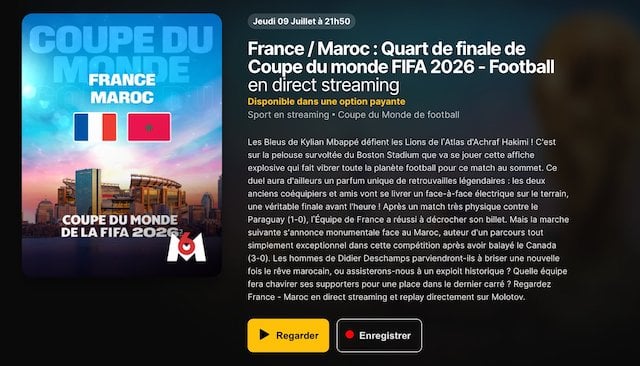 Capture d'&eacute;cran rencontre France - Maroc sur Molotov TV