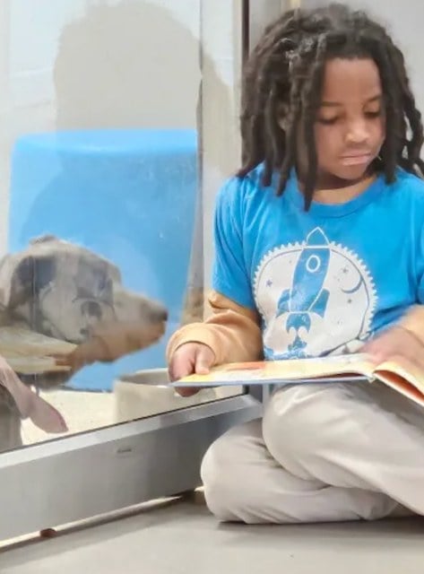 Nehemiah Turner en train de faire la lecture &agrave; un chien du refuge 