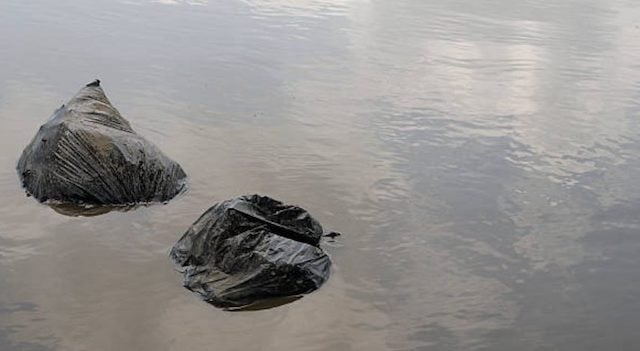 Deux sacs-poubelles flottant dans l'eau