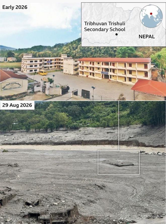 Le lyc&eacute;e avant et apr&egrave;s l'inondation 