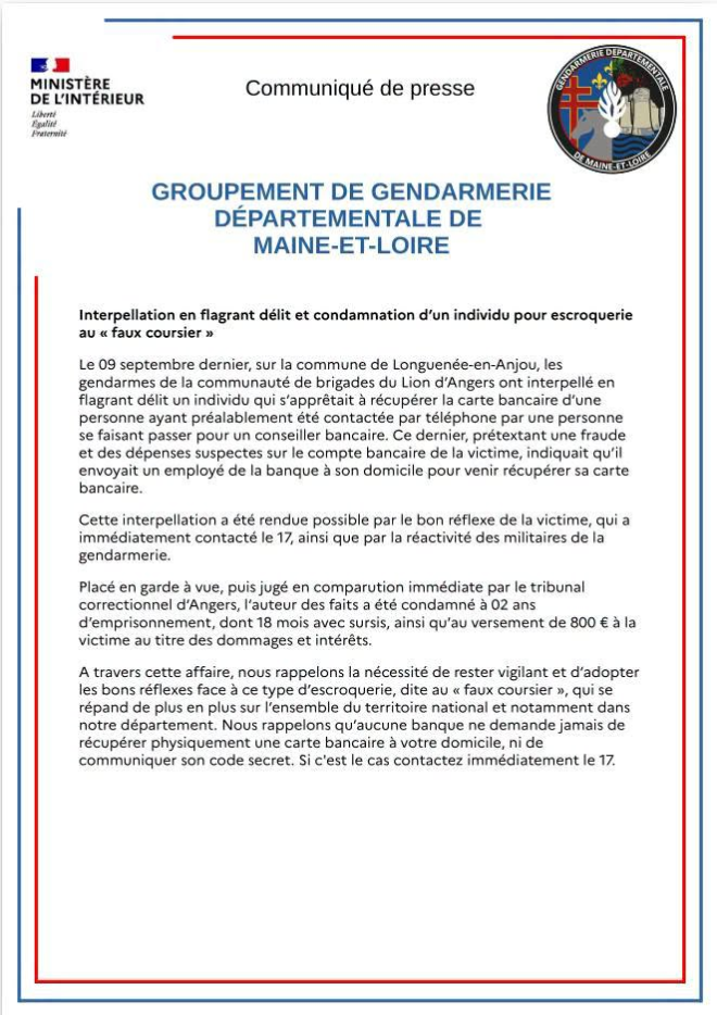 Le communiqu&eacute; de la gendarmerie