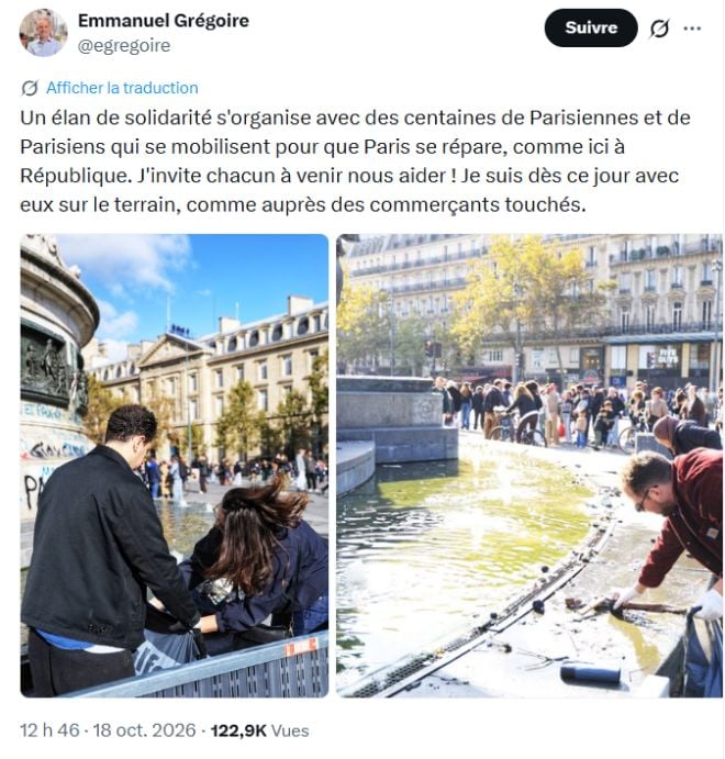 Le post d'Emmanuel Grégoire sur X