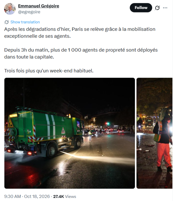 Le post d'Emmanuel Grégoire sur X