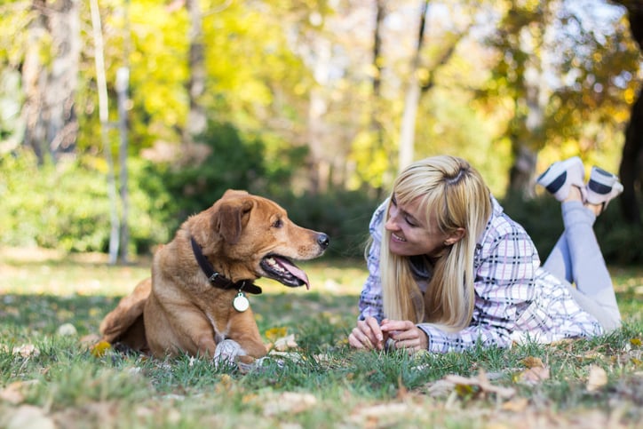 Une femme parle &agrave; un chien