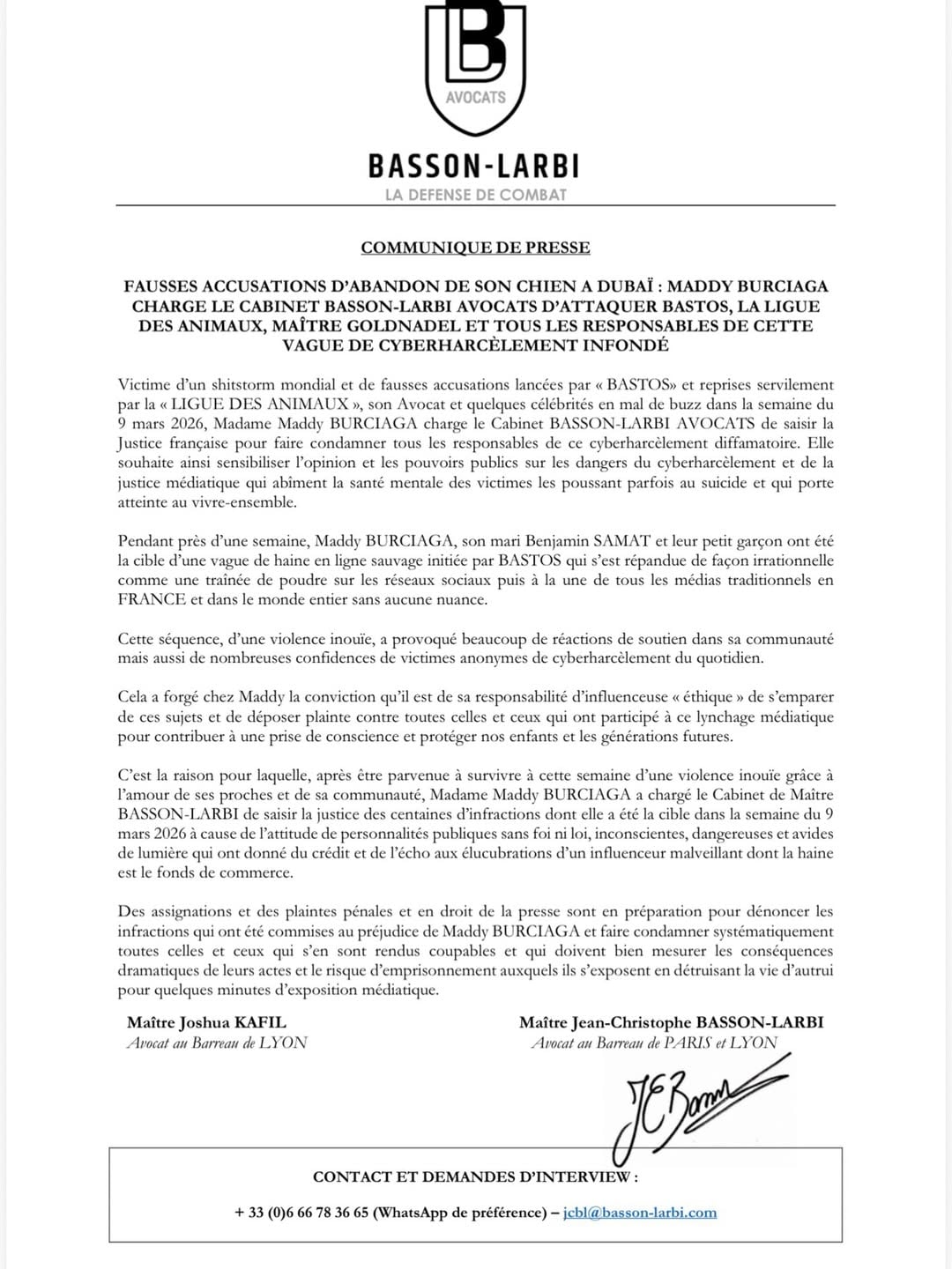 Le communiqu&eacute; de Maddy Burciaga