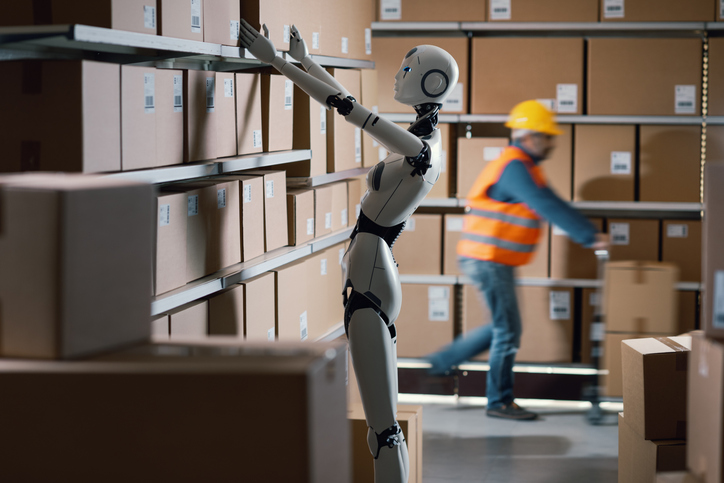 Un robot humano&iuml;de dans un entrep&ocirc;t