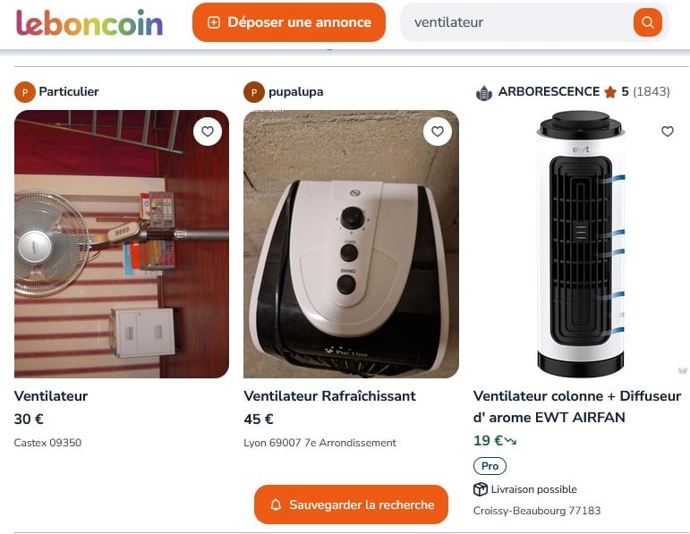 Capture d'&eacute;cran de ventilateurs sur Leboncoin