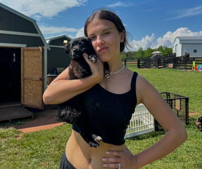 Millie Bobby Brown avec un bébé chien dans son refuge
