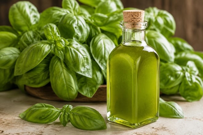 une huile verte d'herbes (basilic)