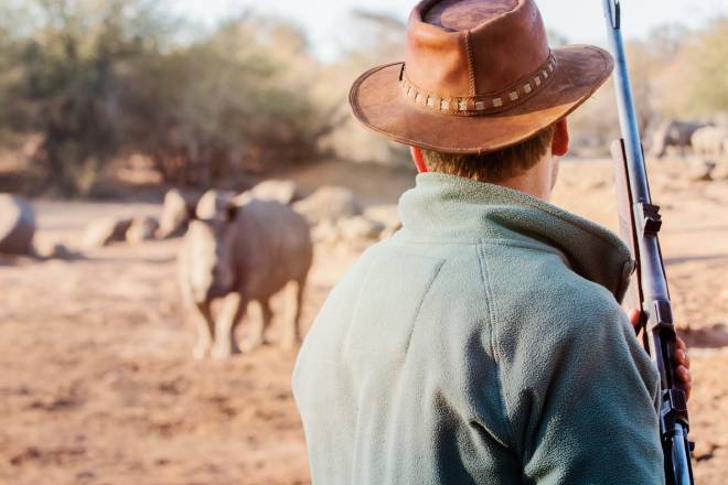 Ranger avec arme &agrave; feu devant un rhinoc&eacute;ros