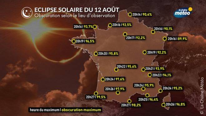 Carte de France de l'obscurcissement de l'&eacute;clipse solaire