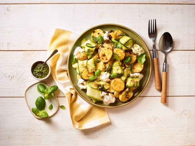 Salade de pommes de terre primeurs, courgette et burrata