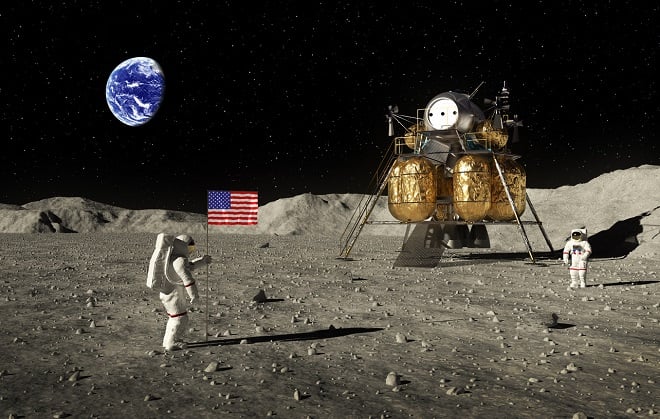 Astronautes enfonçant un drapeau américain sur la Lune