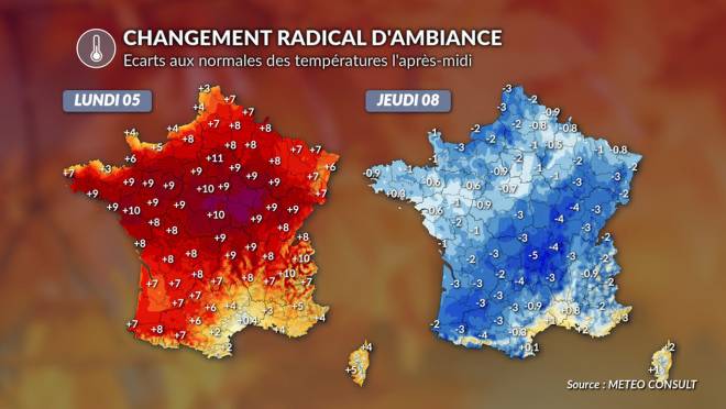 Comparaison des temp&eacute;ratures sur une carte de la France