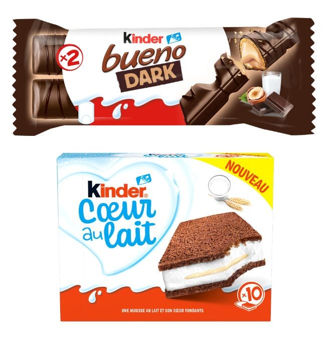 le nouveau Kinder Bueno au chocolat noir et le nouveau g&acirc;teau Kinder Coeur de lait