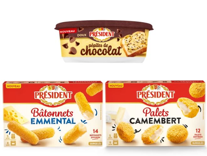 le beurre aux p&eacute;pites de chocolat et les deux nouveaux produits surgel&eacute;s Pr&eacute;sident