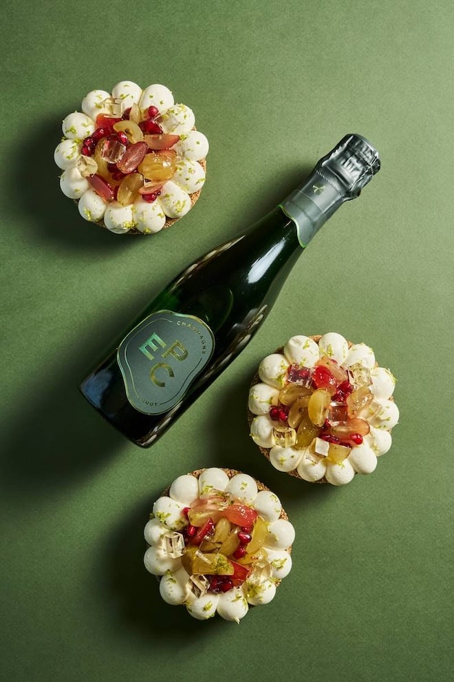 dessert de Jeffrey Cagnes et bouteille de champagne EPC pour la Saint-Valentin