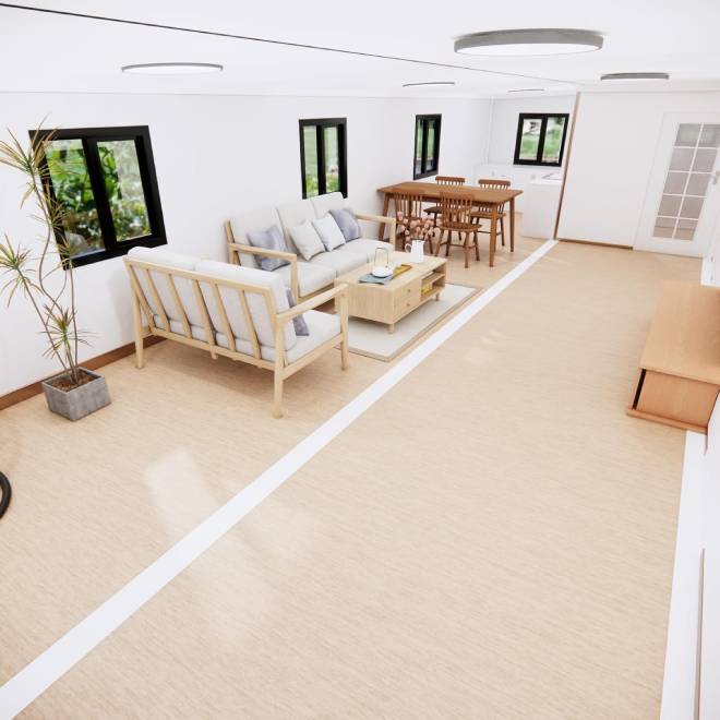 Salon dans une maison pr&eacute;fabriqu&eacute;e